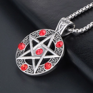 Silver pentagram necklace with red crystals and celtic knots on black leather base