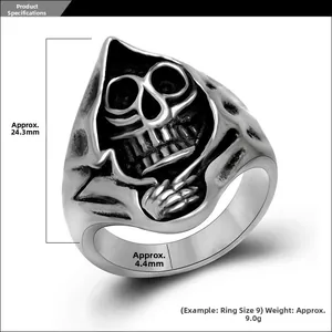 Detailed size parameters of vintage skull ring with 24.3mm height and 4.4mm band width