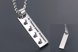 Detailed front and back view of silver bar pendant necklace with dolphin engraving