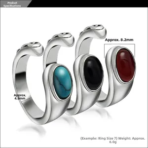 Detail showing vintage titanium steel rings with turquoise, onyx, and agate stones