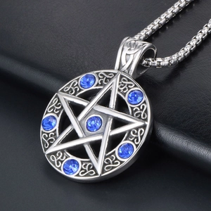 Silver pentagram pendant necklace with blue rhinestones on a box chain for couples