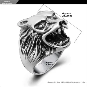 Detail view of vintage wolf head ring with precise measurements of height and band width
