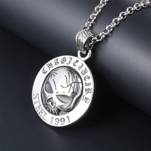 Vintage 1991 skull pendant necklace in silver stainless steel with punk round emblem