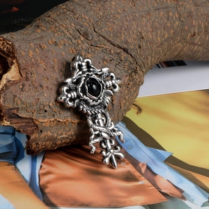 Gothic dragon cross necklace with black gemstone on vintage silver stainless steel