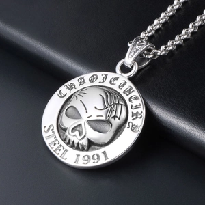 Vintage 1991 skull engraved stainless steel round pendant necklace in silver finish