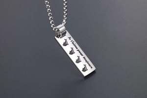 Macro shot of silver dolphin pendant with 'Je t'aime pour toujours' engraving on box chain