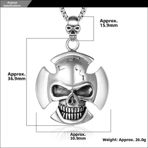 Detailed size specifications for the vintage silver skull cross pendant in durable titanium steel