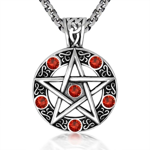 Retro pentagram pendant necklace with red zircon stones and Celtic knot design