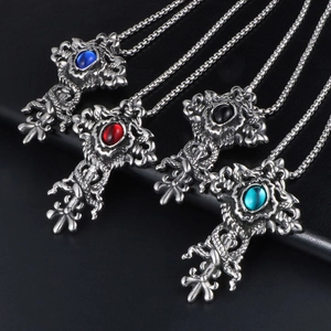 Retro stainless steel cross pendants with twin dragons and colorful gemstones set