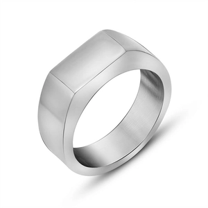 Polished silver stainless steel minimalist rectangular signet ring for men on white background