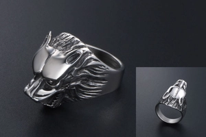 Detail view of retro steel wolf head ring featuring intricate carved fur textures and polish