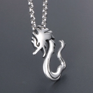Minimalist silver dragon pendant necklace in polished titanium steel for men
