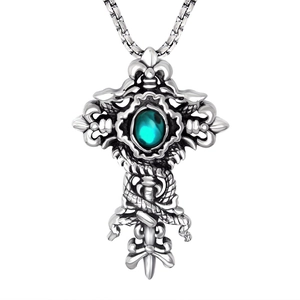 Vintage gothic cross necklace with silver dragon snakes and green gemstone pendant