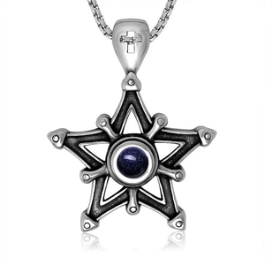 Collier Pendentif Étoile en Acier Titane Grès Bleu Vintage Étoile à Cinq Branches Croix Bijoux pour Hommes Femmes