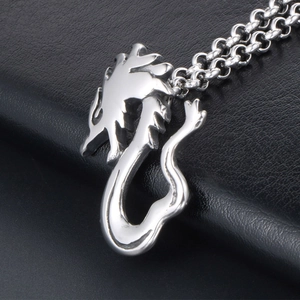 Polished titanium steel dragon pendant necklace with a detailed Chinese dragon silhouette