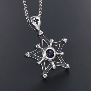 Pendentif hexagramme en acier avec pierre de sable bleue et collier à billes