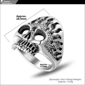 Macro detail of gothic skull ring in vintage stainless steel with textured carvings