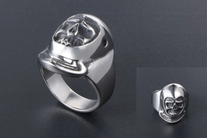 Detailed side and top view of silver skull ring with gothic punk design and vintage finish