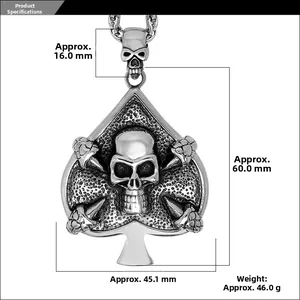 Detailed size specifications of a gothic spade skull pendant in black silver stainless steel