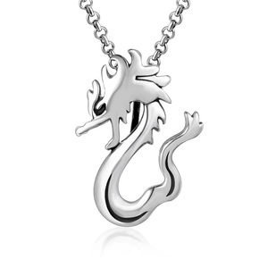 Polished silver dragon pendant necklace in stainless steel with classic cross chain