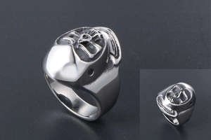 Macro view of men's stainless steel skull ring showing 3D relief details and punk style