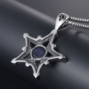 Pendentif hexagramme vintage en acier inoxydable avec grès bleu et gravure de croix