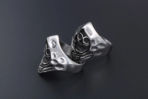 Macro view of vintage Gothic reaper skull ring detail with intricate textured metal carving