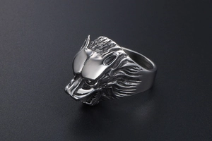 Detailed side view of punk style wolf head ring made of vintage stainless steel