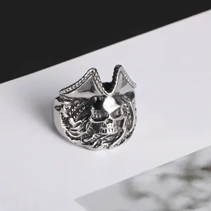Vintage pirate skull ring in matte silver stainless steel with detailed devil head design