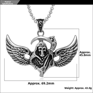 Detailed view of punk flying reaper skull pendant with dimensions and weight specs