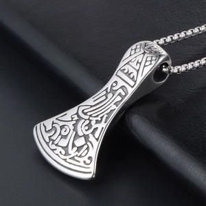 Polished Viking axe pendant necklace in stainless steel with intricate Nordic engravings