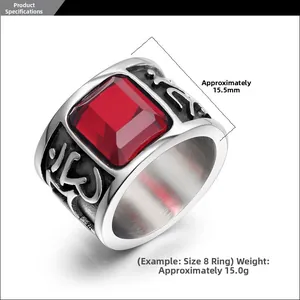 Detailed view of wide titanium steel ring featuring 15.5mm face and red rectangular gemstone