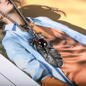 Retro titanium steel feather pendant necklace with a red gemstone on a thick square chain