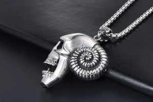 Macro detail of gothic ram skull pendant in vintage stainless steel on black leather