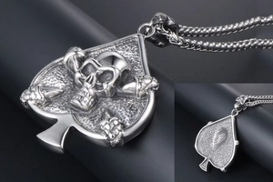 Detail of vintage spade skull pendant featuring intricate metallic texture and S925 stamp