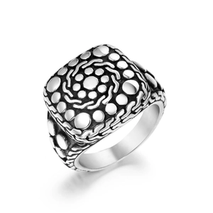 Vintage cobblestone textured titanium steel ring with industrial square gear pattern