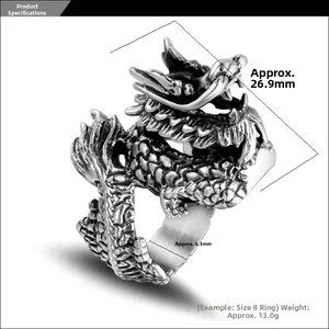 Detailed close-up of retro silver dragon ring showing intricate scales and dragon head