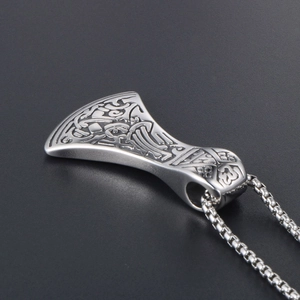 Viking style stainless steel axe pendant necklace with intricate Celtic knot carvings