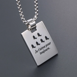 Titanium steel rectangle dog tag necklace with whale silhouettes and French engraving