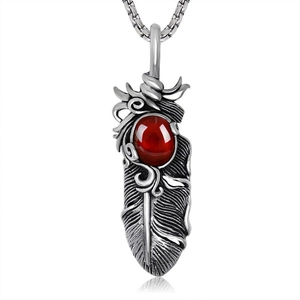 Vintage titanium steel necklace with detailed feather pendant and red ruby gemstone
