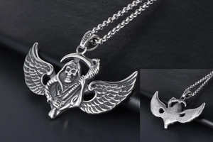 Detailed view showing the front and back of the gothic flying reaper pendant with wings