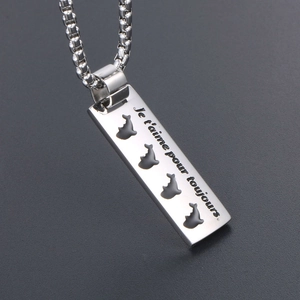 Silver dolphin rectangular pendant necklace with Je t'aime pour toujours engraving