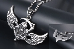Detailed view of punk flying grim reaper pendant with scythe and textured back