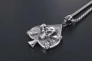 Macro view of vintage spade skull pendant with intricate gothic textures and silver chain