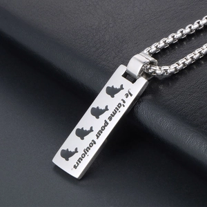 Engraved rectangle dolphin pendant necklace with Je t'aime pour toujours in silver finish