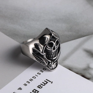 Vintage stainless steel reaper skull ring for men featuring gothic skeletal hood details