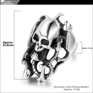 Vue détaillée de la bague gothique crâne et serpent avec dimensions et poids du produit