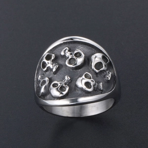 Men's gothic skull titanium steel ring with punk relief design on a dark background