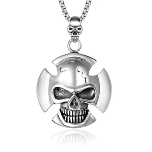 Gothic Punk Vintage Stainless Steel Skull Cross Pendant Necklace For Men Retro Biker Polished Skeleton Jewelry Accessory