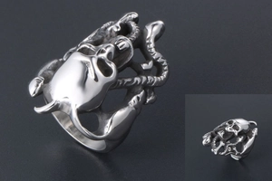 Vue détaillée bague tête de mort argentée avec motifs os et serpent de style punk